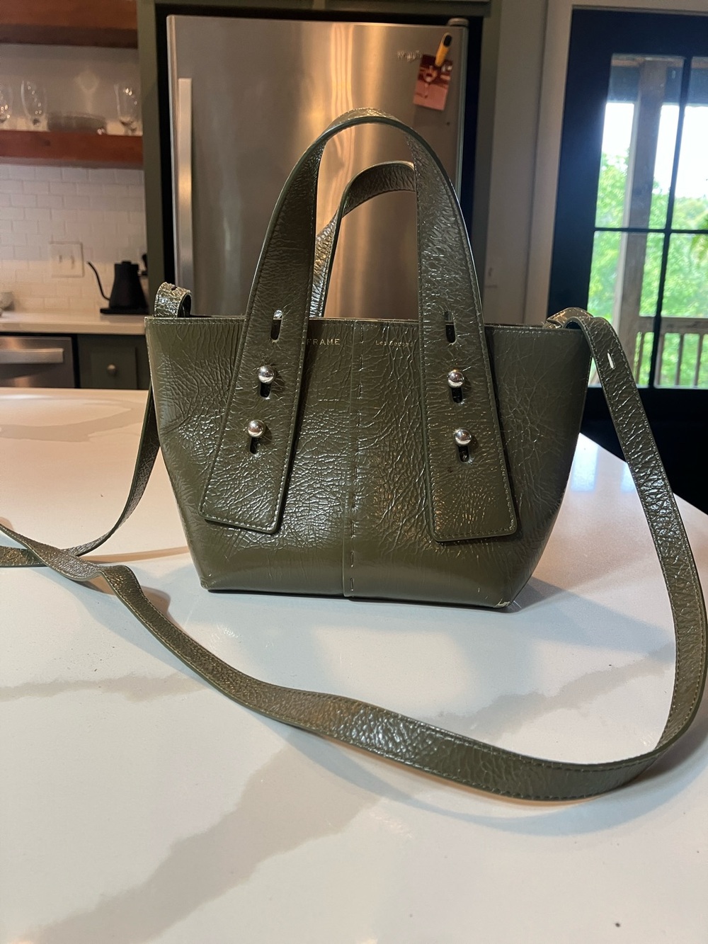 Frame Denim Olive Textured Leather Mini Tote with Adjustable Crossbody